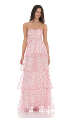 Smocked Floral Ruffle Maxi Dress in Pink
