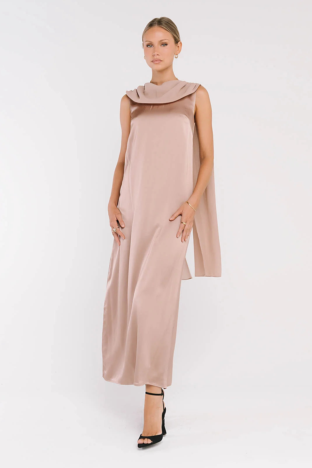 Lauren Satin Maxi Dress in Taupe