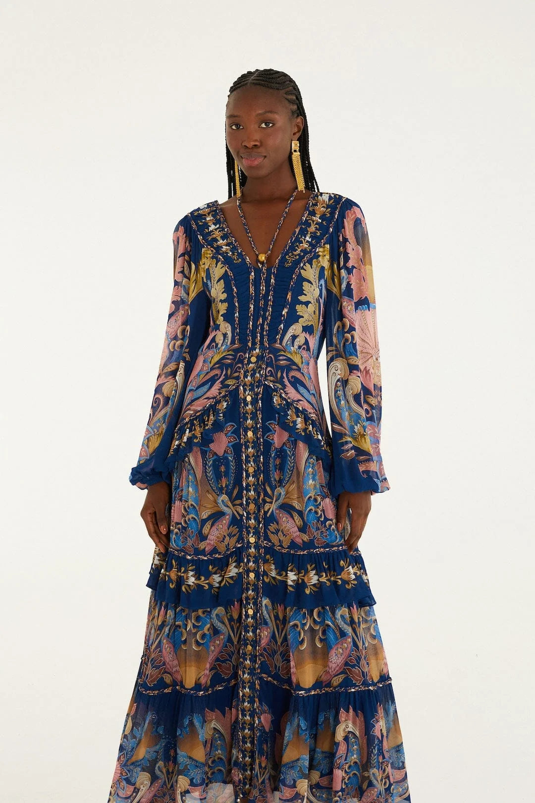 Navy Blue Sea Garden Braid Details Maxi Dress